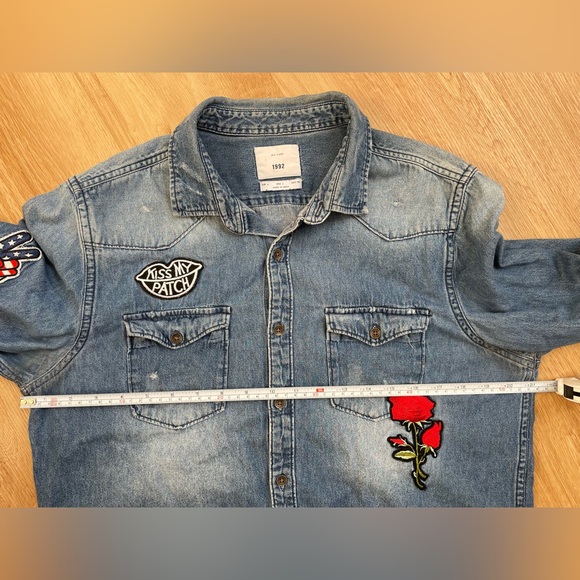 Zara denim shirt patches distressed unisex large button up boho Zip Code 1992 - Picture 5 of 13